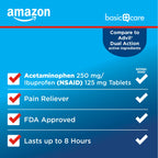 Amazon Basic Care Dual Action Acetaminophen 250 mg and Ibuprofen (NSAID) 125 mg Tablets, Pain Reliever for Headache, Backache, Menstrual Cramp, Arthritis Pain Relief, 216 Count (Pack of 2)