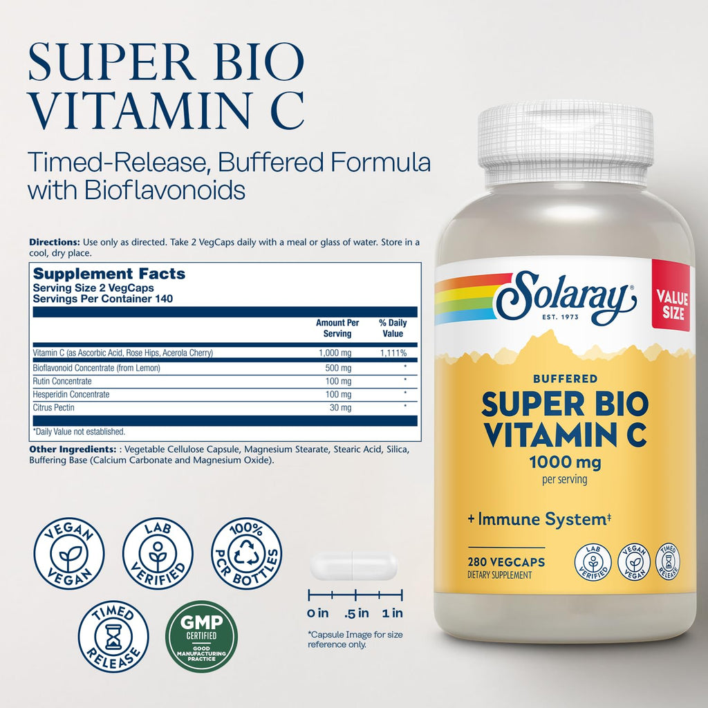 Solaray Super Bio Buffered Vitamin C 1000mg, Two-Stage, Timed Release Vitamin C with Bioflavonoids, Immune Support Supplement - High Absorption, Vegan, 60 Day Guarantee, 180 Servings, 360 VegCaps 140