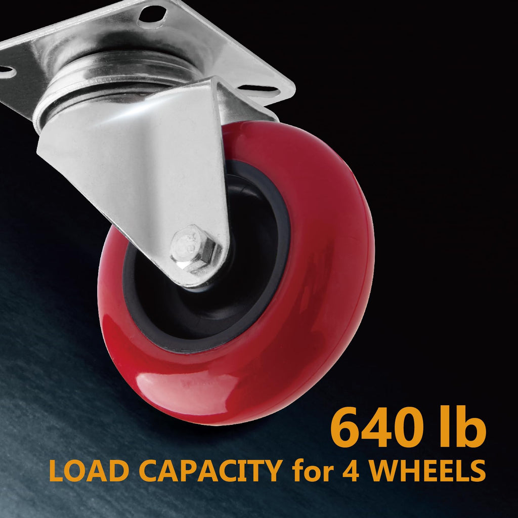 POWERTEC 3 Inch Swivel Caster Wheels Set of 4 with 640 lbs Loads, Heavy Duty Plate Casters, PU Castor Wheels for Furniture, Cart, Dolly and Workbenches (17206)
