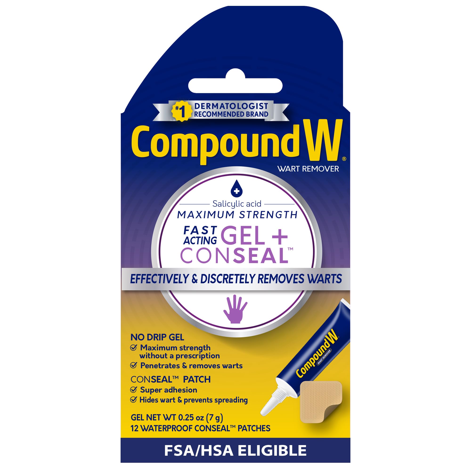 Compound W Maximum Strength Wart Remover Gel & ConSeal Patches with Salicylic Acid, Discreetly Treats Common & Plantar Warts, 0.25 Ounce Gel & 12 Waterproof Patches