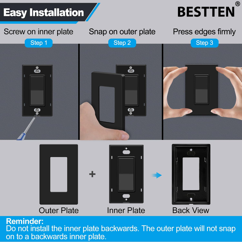 BESTTEN 20 Pack 1-Gang Black Screwless Wall Plate, Unbreakable Polycarbonate Outlet Cover, H4.69" x W2.91", for Light Switch, Dimmer, GFCI, USB Receptacle, Gloss