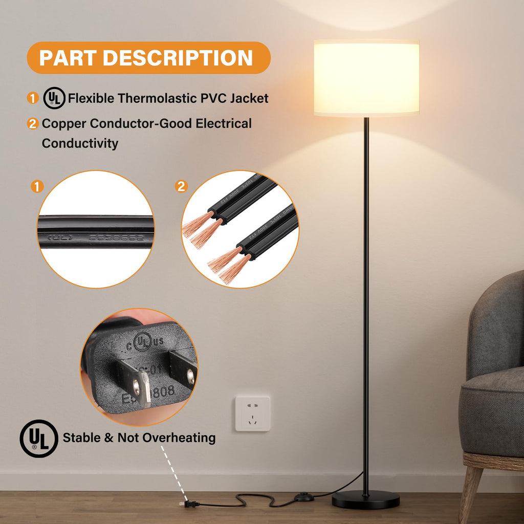 Modern Floor Lamp Simple Design with White Shade & Foot Pedal Switch