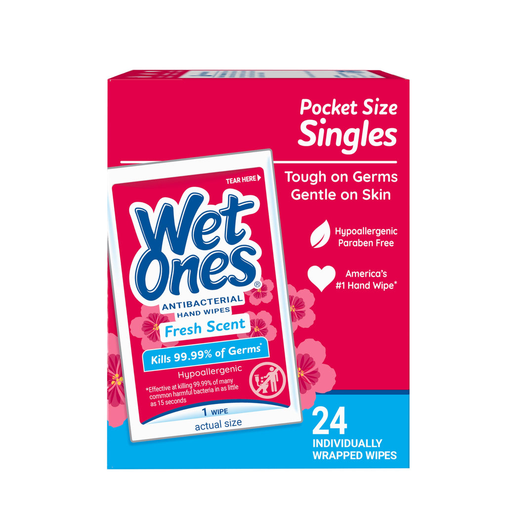 Wet Ones Antibacterial Hand Wipes Singles, Fresh Scent Wipes, Individual Wipes, Antibacterial Wipes, Hand Wipes Individually Wrapped, 24ct (6 pack)