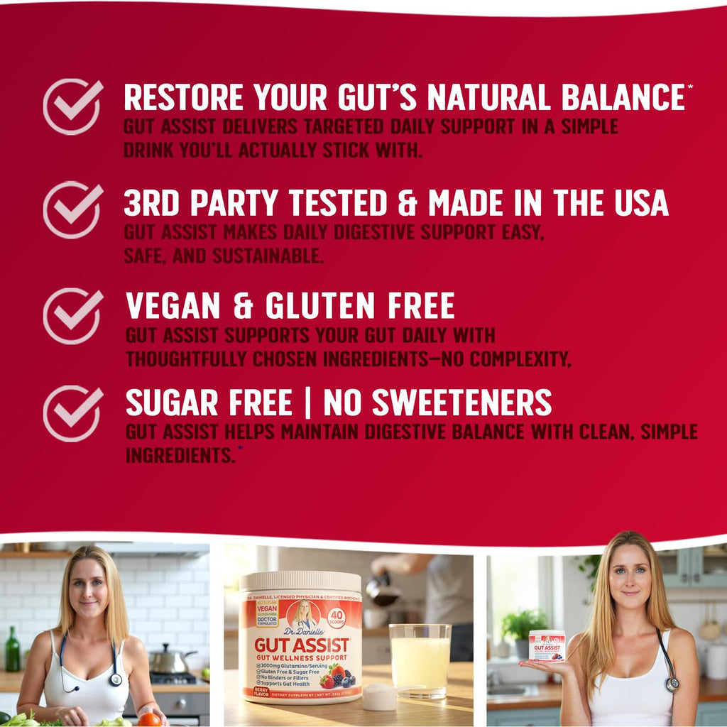 Doctor Danielle Leaky Gut Support Powder | L-Glutamine Gut Lining Formula | Gut Assist by Dr. Danielles, Berry