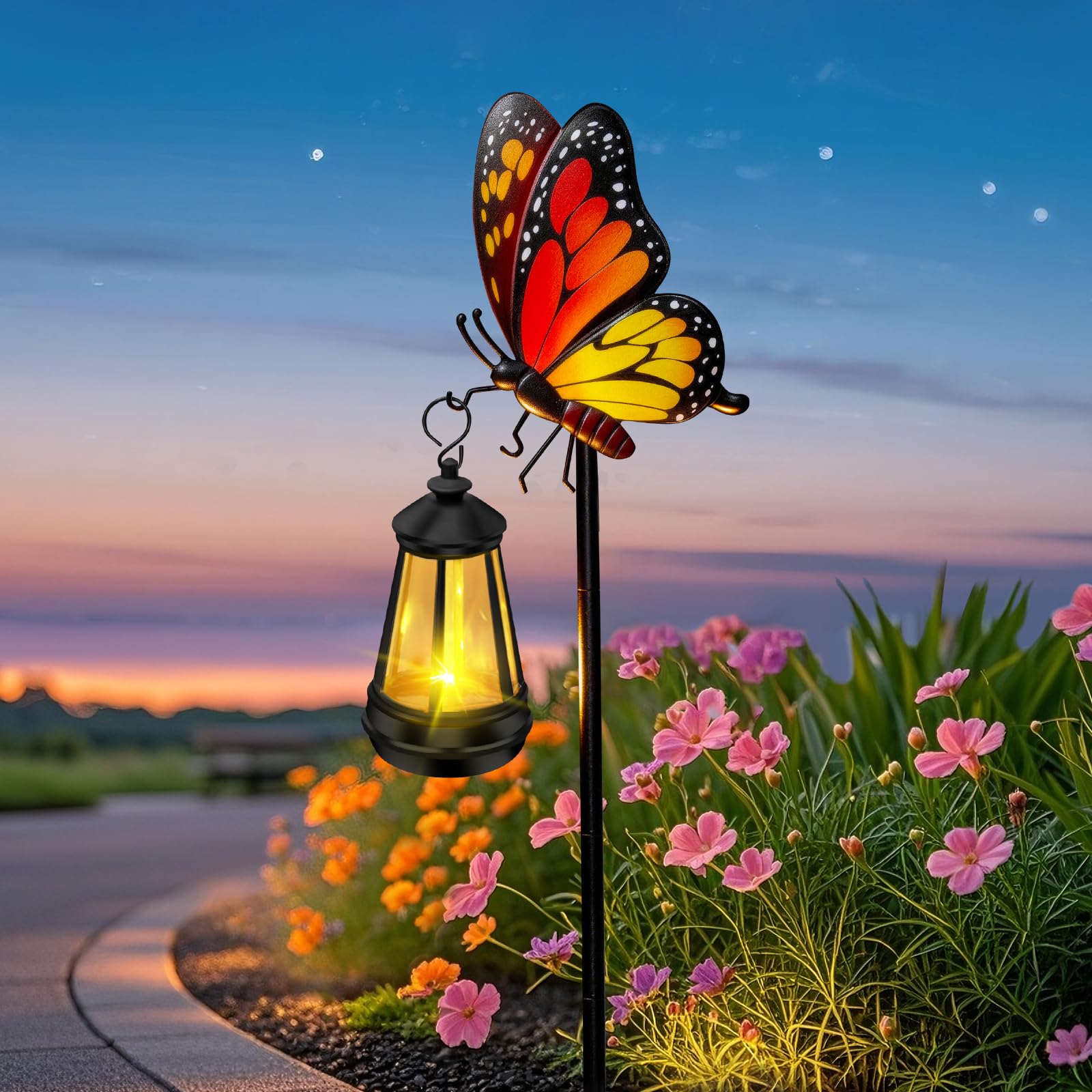 Solar Garden Light Outdoor, Waterproof Metal Butterfly Stake with Lantern