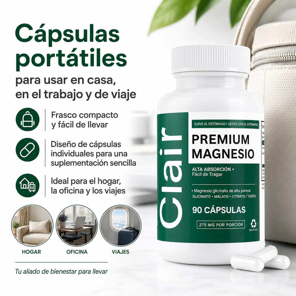Clair Magnesio Premium, with B6 D3 Zinc – 4-in-1 Blend, Gentle on Stomach, Full Body Unwind – Muscle Relaxation + Digestive Comfort + Sleep Aid. (Glycinate, Malate, Citrate, Oxide) 90 Capsules