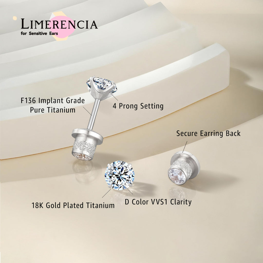 Limerencia Moissanite Stud Earrings, F136 Titanium Screw Back Earrings