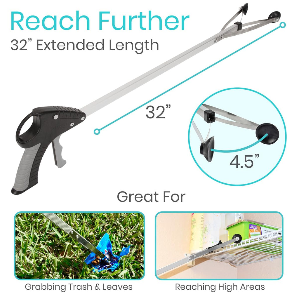 Vive Suction Cup Grabber Reacher 32" (2 Pack) - Elderly Grab It Reaching Pickup Tool Heavy Duty for Seniors - Trash, Sticks, Litter Picker Upper - Extra Long Reach Handle & Handy Extension Arm Claw