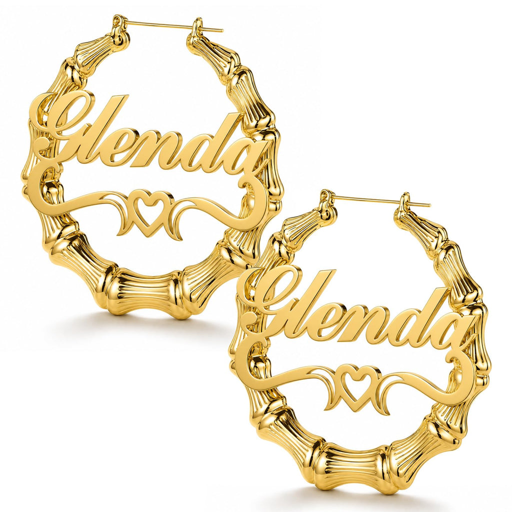 Handmade Bamboo Hoop Earrings for Women Gold Personalized Name Earrings Custom Engraved Stainless Steel Hypoallergenic Birthday Christmas Gift for Mom Grandma (Earring-hoop)