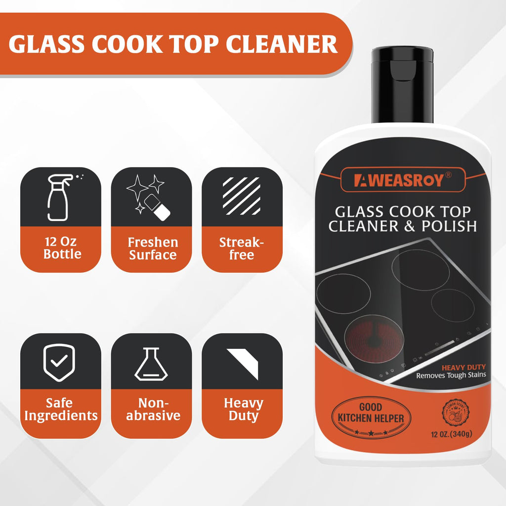 AWEASROY 20pcs Glass Stove Top Cleaner Kit - 12 oz Cooktop Cleaner Polish, Non-Abrasive No Scratch, Removes Tough Stains, Includes Scrubbing Pad, Scraper & Microfiber Cloth for Smooth Glass Surfaces