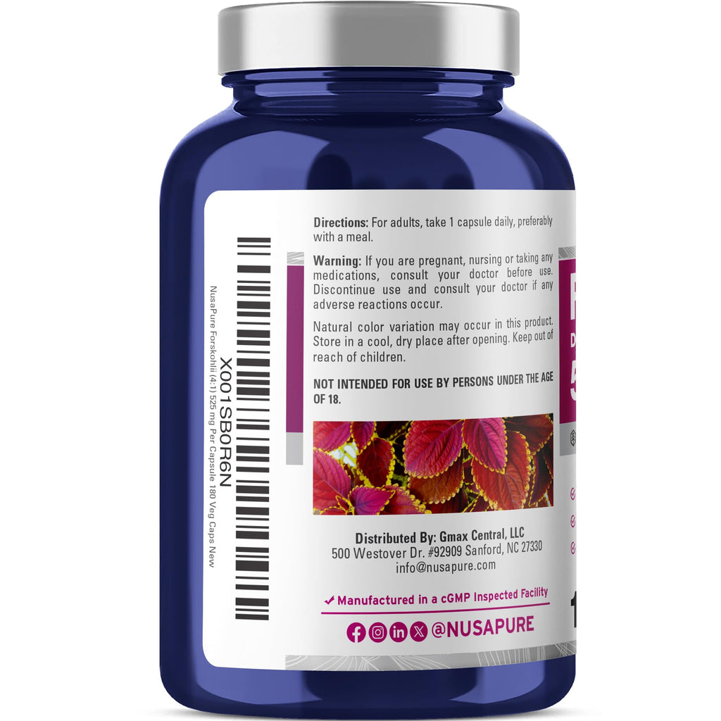 NusaPure Forskohlii Capsules, 525 mg, 180 Veg Capsules (Non-GMO, Vegan)