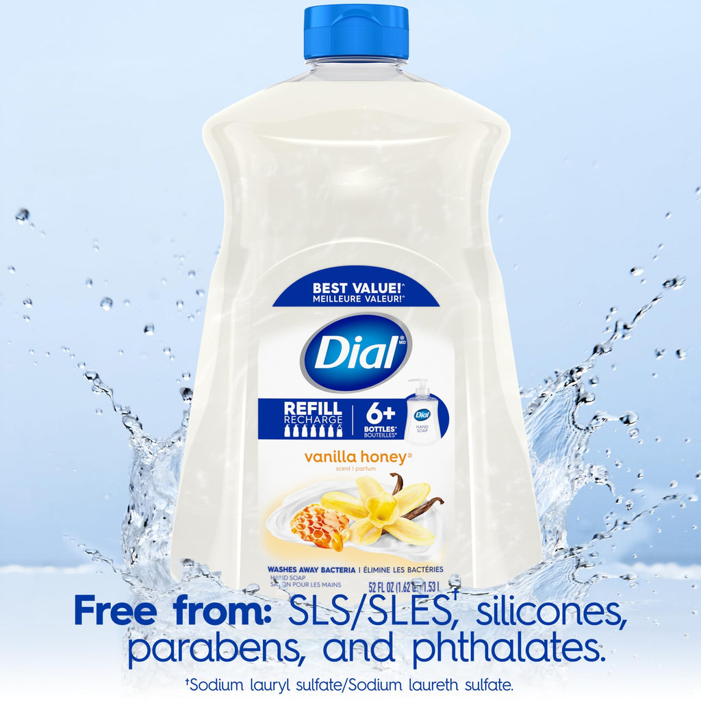 Dial Liquid Hand Soap, Vanilla Honey Scent, 52 Fl Oz Hand Soap Refill (Pack of 3), Dermatologist-Tested, Gentle Formula