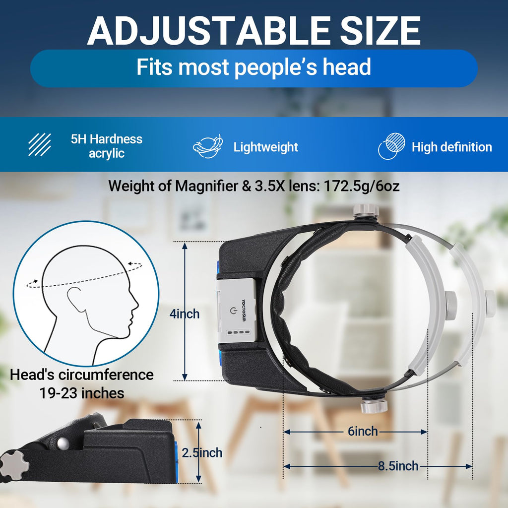 YOCTOSUN Magnifying Glasses with Light for Close Work, Rechargeable Headband Magnifier with 4 Lenses 1.5X-3.5X, Hands Free Magnifying Glass Visor for Jewelers, Crafts, Hobby