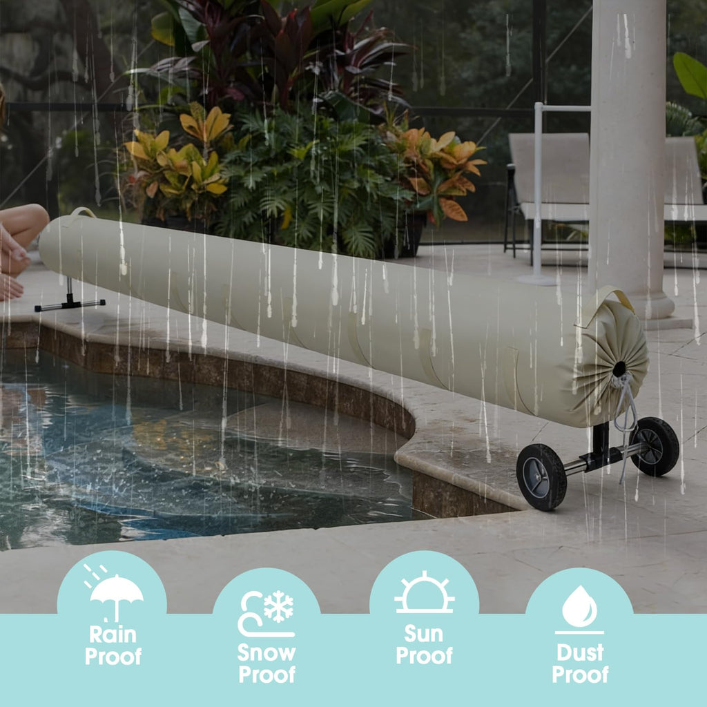 UCEDER Pool Solar Reel Cover with Adjustable Strap, Waterproof Cover for Solar Blanket, 420D Heavy Duty Swimming Solar Reel Storage for Above Ground & Inground Pool (Beige,18 FT)