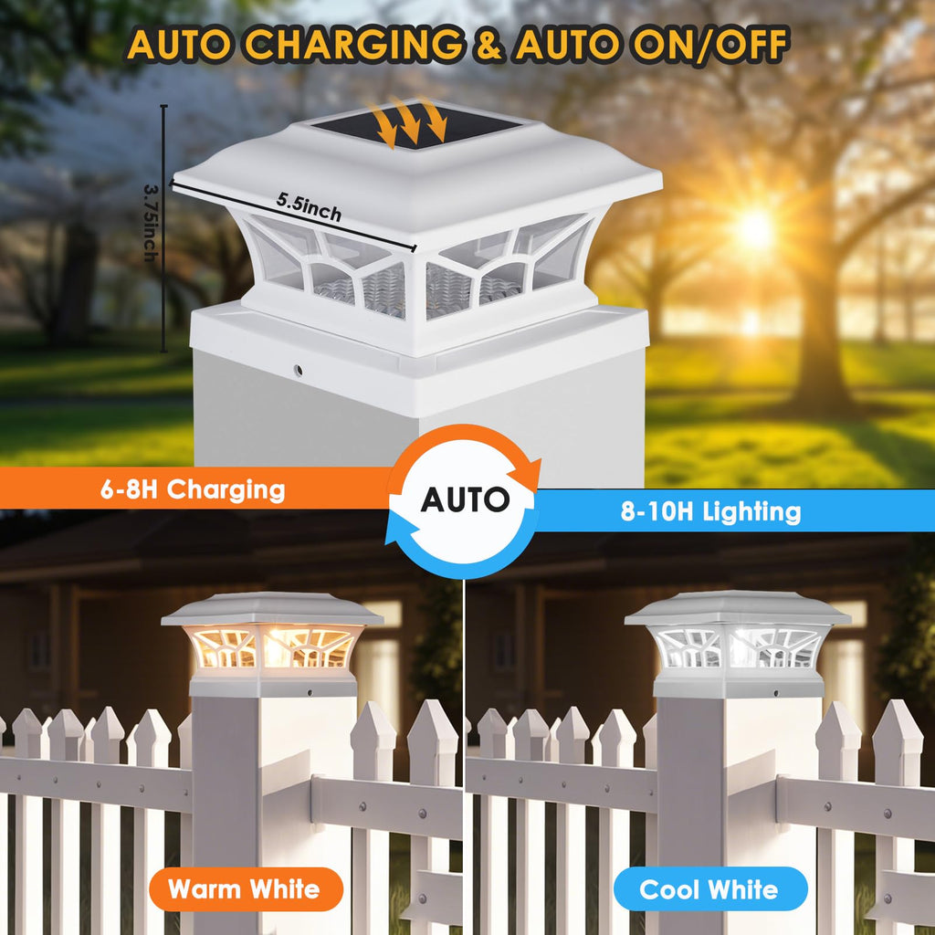 DAMAYCA 2 Pack Solar Post Cap Lights Outdoor Waterproof, Fits 4x4, 5x5, 6x6 Wooden & Vinyl Fence Decks with Warm & Cool White Light Modes (Classic White, 2)