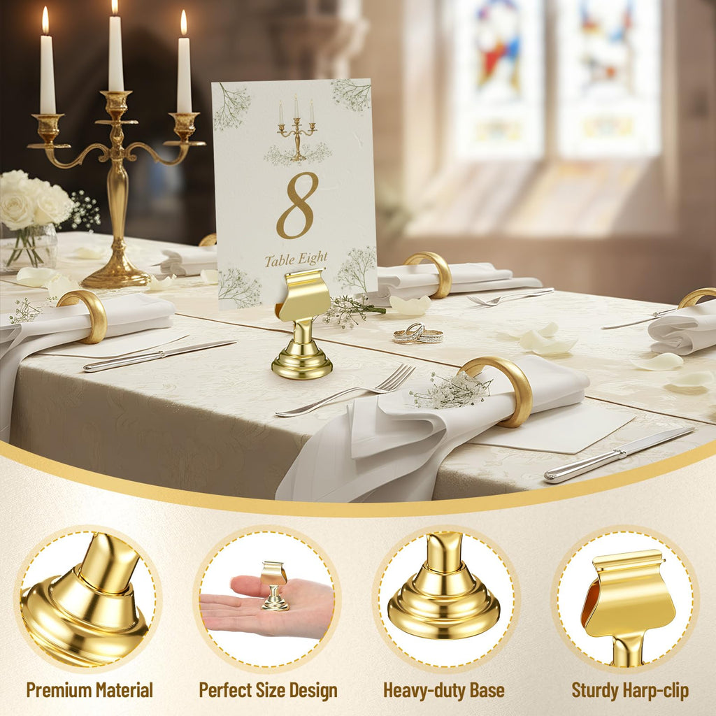 Kathfly 24 Pcs Wedding Table Number Holders 1.7 Inch Gold Mini Metal Place Card Holders Bulk Harp-clip Table Sign Stands Card Holder Display Picture Memo Notes Menu for Restaurants Birthday Decor