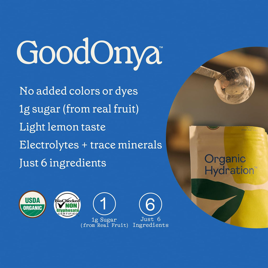 GOODONYA HYDRATE Electrolyte & Mineral Powder, 11.9oz, 42 Servings - Certified Organic, Real Lemon Juice, Himalayan Pink Salt, Stevia, Coconut Water, Paleo, Plant Based, No Sugar Added