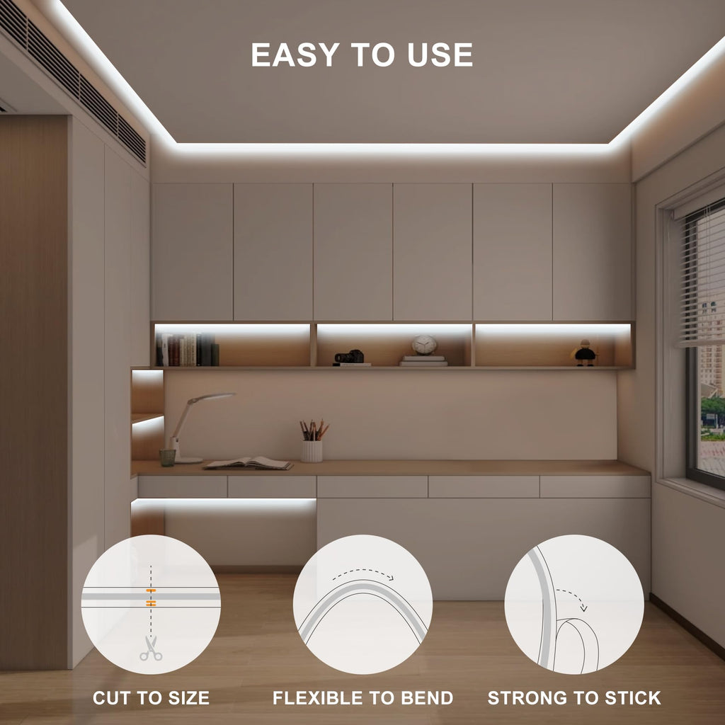 Olaholii 32.8ft COB Led Strip Light with Remote, 6500K Ra93+ Dimmable Bright Daylight White Led COB Strip Light, White Continuous Led Strip Light for Mirror, Stair, Cabinet, Room