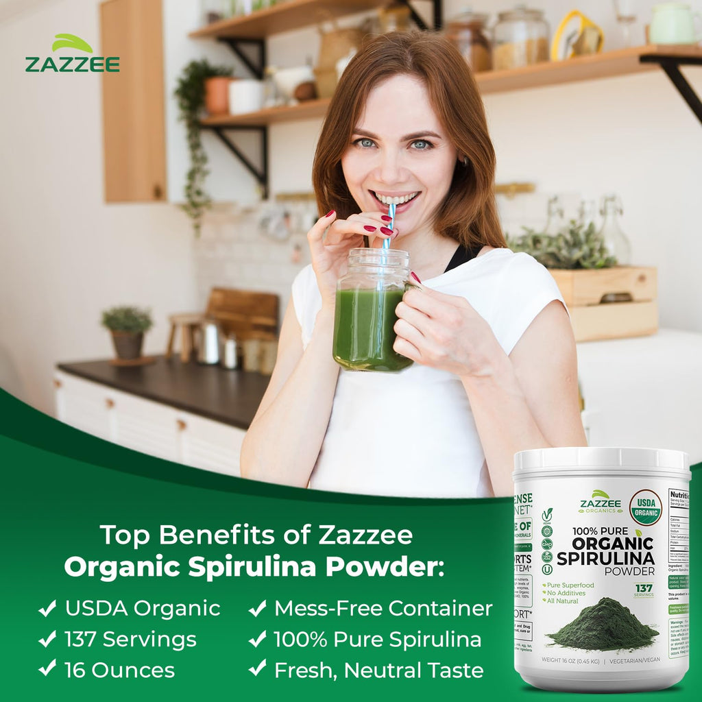 Zazzee USDA Organic Spirulina Powder, 16 Ounces (1 LB), 137 Servings, Certified Kosher, 100% Pure, Non-Irradiated, Mess-Free Wide Mouth Container, Fresh Smell and Neutral Taste, Non-GMO, Made in USA