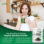 Zazzee USDA Organic Spirulina Powder, 16 Ounces (1 LB), 137 Servings, Certified Kosher, 100% Pure, Non-Irradiated, Mess-Free Wide Mouth Container, Fresh Smell and Neutral Taste, Non-GMO, Made in USA