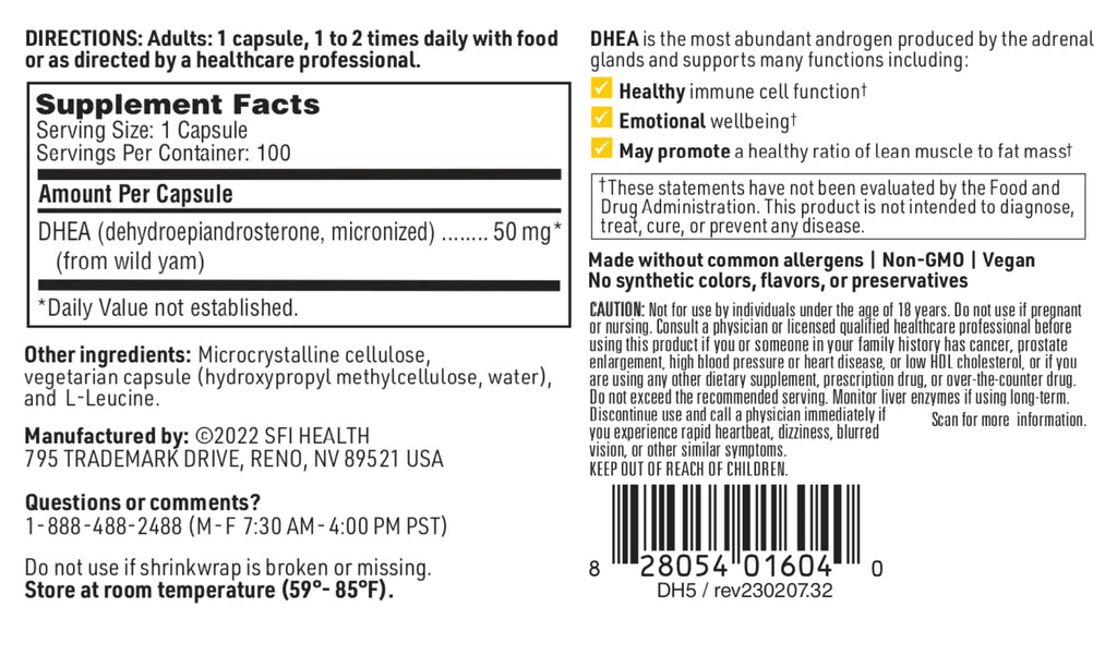 Klaire Labs SFI Health DHEA 50mg - Dehydroepiandrosterone Derived from Wild Yam - Micronized for Superior Absorption - Soy-Free, Hypoallergenic Supplement for Men & Women (100 Capsules)