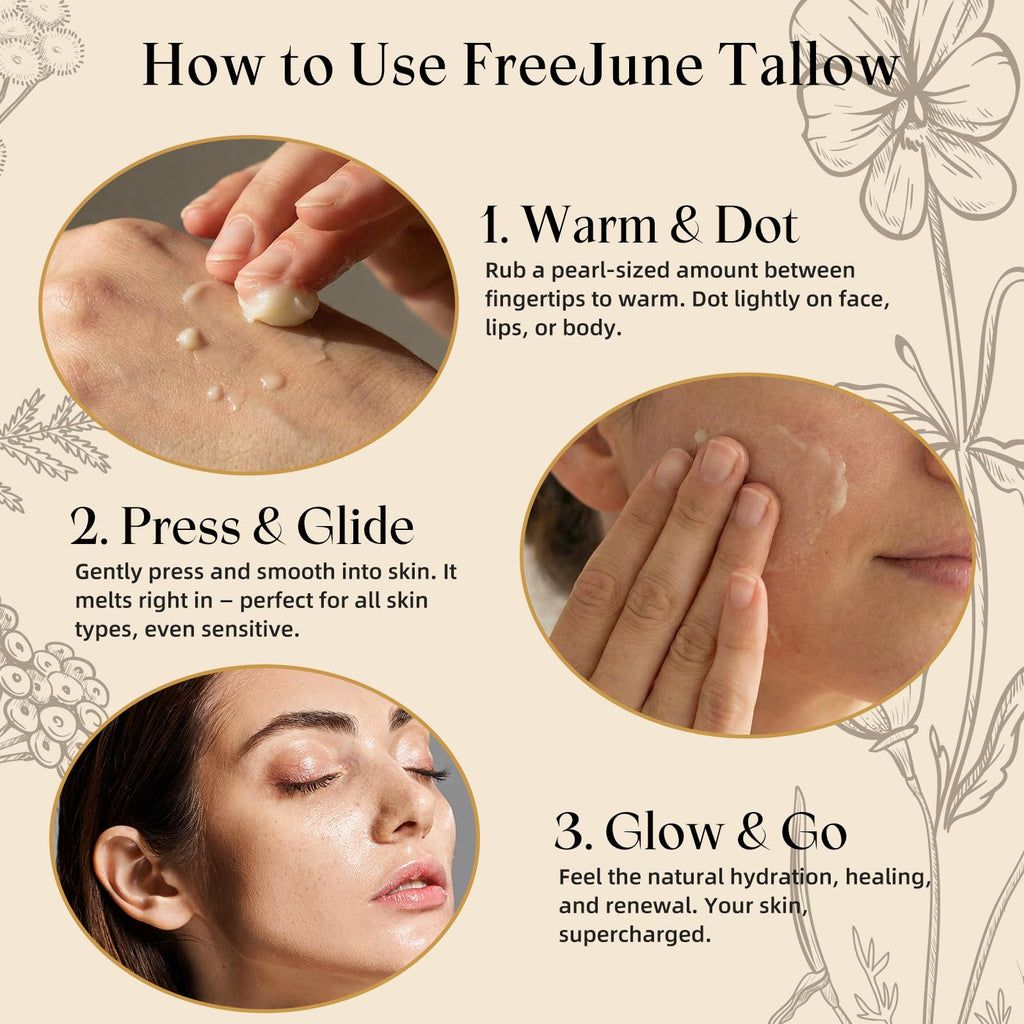 FreeJune Beef Tallow for Skin, Tallow and Honey Balm for Face 5.3 OZ Organic Whipped Moisturizer with Grass Fed - Face & Body Cream for for Nourishing Dry Skin Care, All Natural Hydration (Honey)