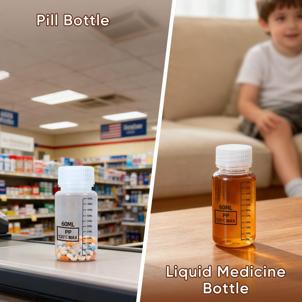 DEMORA Plastic Bottles with Airtight Caps 2oz/60ml, Food Grade Wide Mouth Liquid Containers, Reusable PP Graduated Measuring Bottles for Water Sample Lab Reagent Liquids Mixing (Clear, 4 Pcs)
