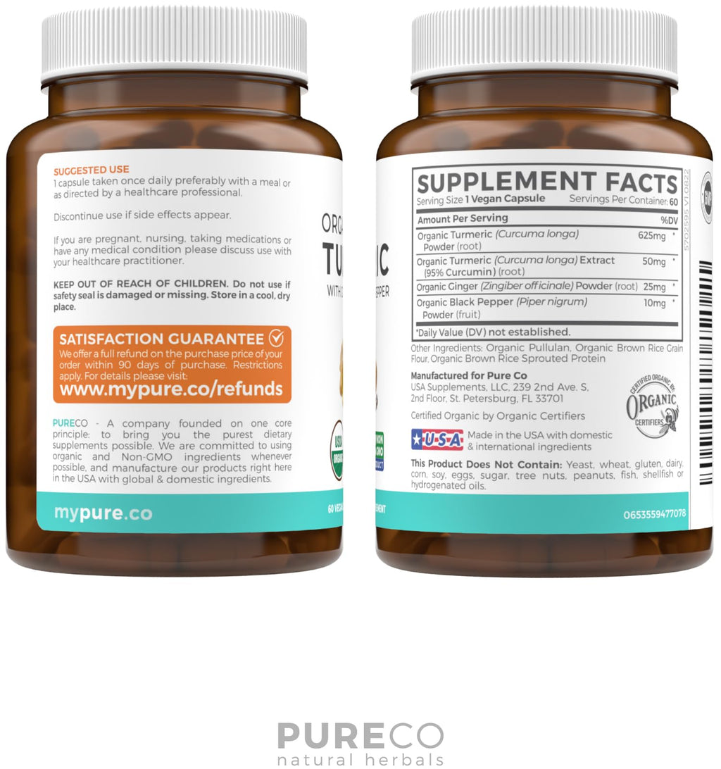 Organic Turmeric Ginger Black Pepper Supplement - High Potency Organic Turmeric Curcumin Capsules with Ginger & Black Pepper for Enhanced Benefits and Absorption - Vegan & Non-GMO (1 Month Supply)