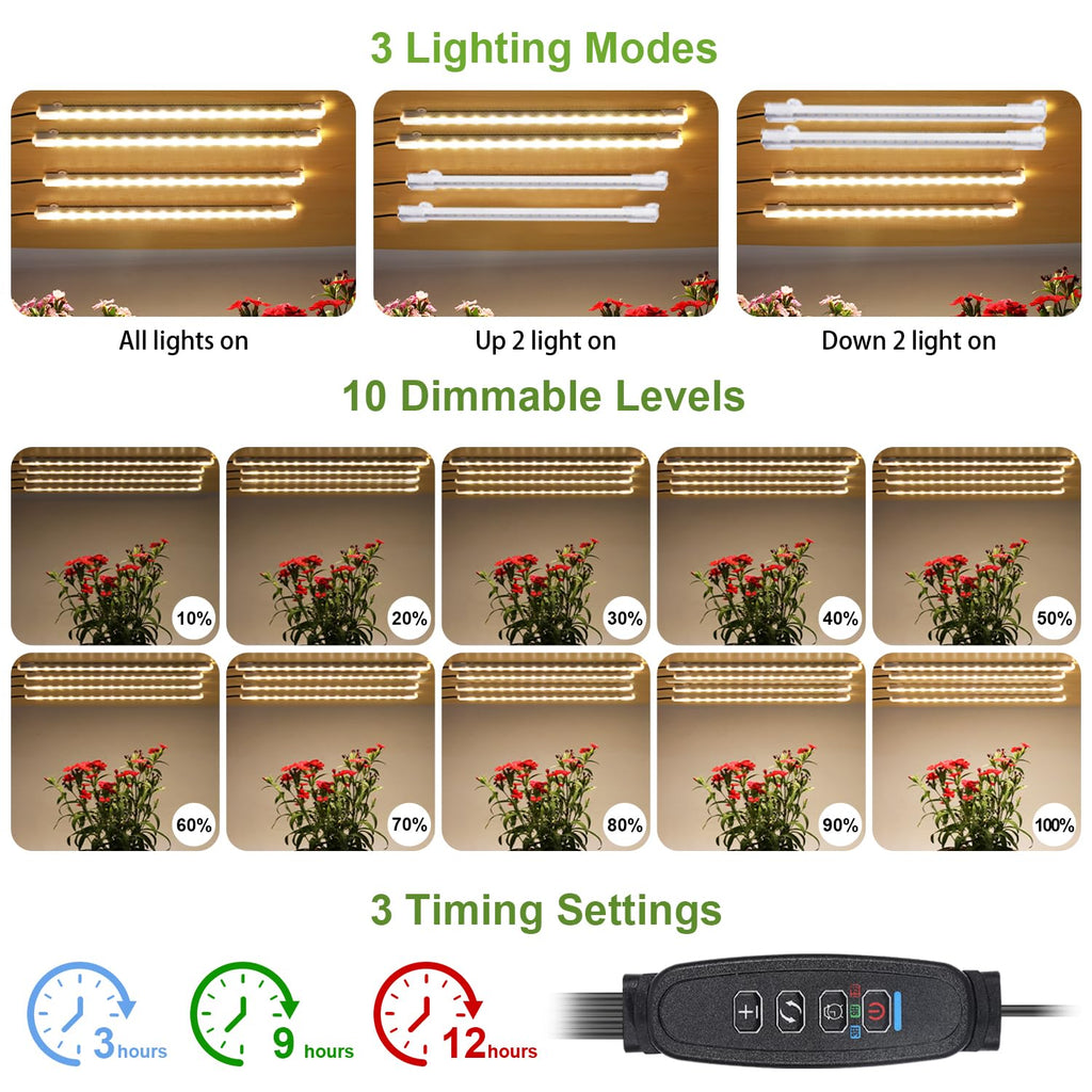 8.6'' LED Grow Light Strips, Full Spectrum 3500K Grow Lights for Indoor Plants, 4 Head with 3/9/12H Timer, 10 Dimmable Levels, Suitable for Seedling, Succulent, Plant Shelf and Greenhouse, 1-Pack