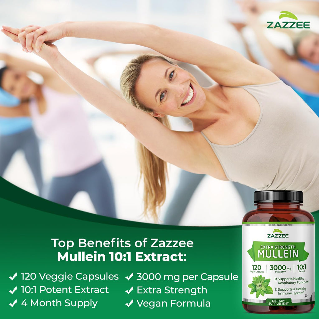 Zazzee Extra Strength Mullein 10:1 Extract, 3000 mg Strength, 120 Vegan Capsules, 4 Month Supply, Certified Kosher, Lung and Respiratory Support, 100% Pure Leaf Powder, Non-GMO, Made in The USA