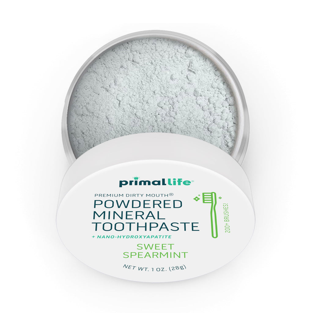 Primal Life Organics - Dirty Mouth Toothpowder, Tooth Cleaning Powder, Flavored Essential Oils with Natural Kaolin & Bentonite Clay, Good for 200+ Brushings, Organic, Vegan (Sweet Spearmint, 1 oz)