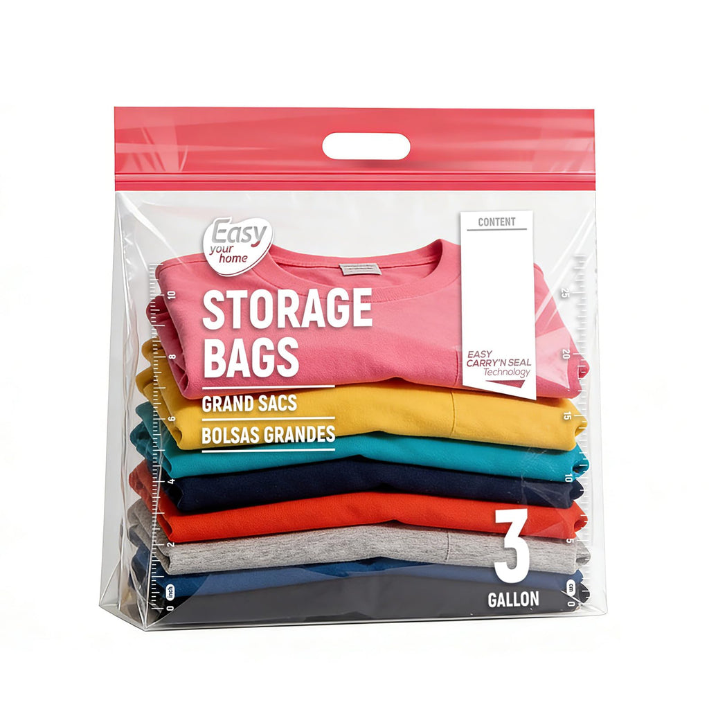 EASYYOURHOME 10 Extra Large Zipper Lock Storage Bags with Handle and bottom,3 Gallon Size,16"x18"x5'',Reusable Plastic Bag with Double Zip Top for Clothing,Travel,Moving,Beach,BPA-Free,3-Mil Thick