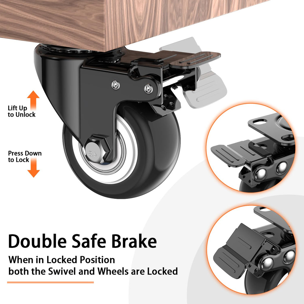 2 Inch Caster Wheels Set of 4, Heavy Duty Casters with Brake, No Noise Locking Swivel Casters with Polyurethane (PU) Wheels, Caster Wheel for Cart, Furniture and Workbench (Two Hardware Include)