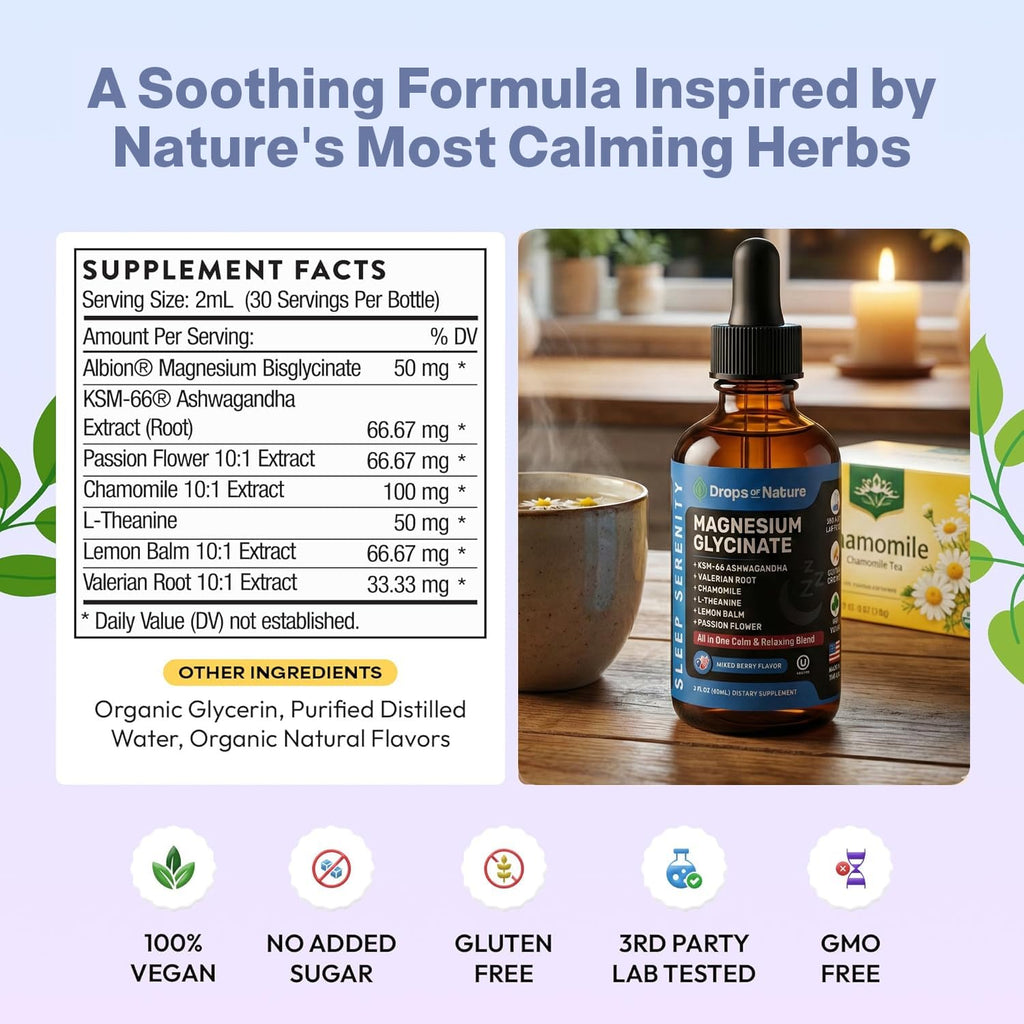 Magnesium Glycinate & Ashwagandha Liquid Drops with Valerian Root, Chamomile, Passion Flower, Lemon Balm & L-Theanine - Vegan Fast Absorption - Supplement for Wellness & Relaxation (Mixed Berry, 60mL)