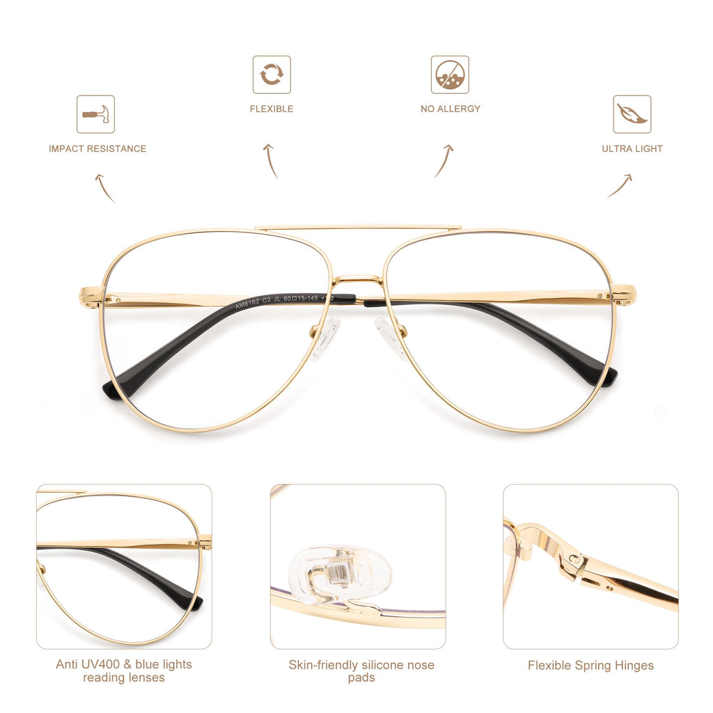 AMOMOMA Trendy Aviator Reading Glasses for Women,Men Blue Light Blocking Computer Readers Retro Metal Frame AM6162, Black&Gold&Silver 2.50x