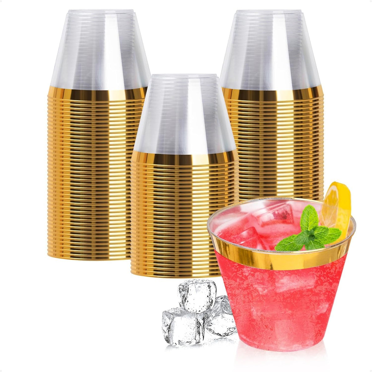 Goodluck 100PCS 9oz Gold Plastic Cups for Party, Disposable Gold Rim Cups