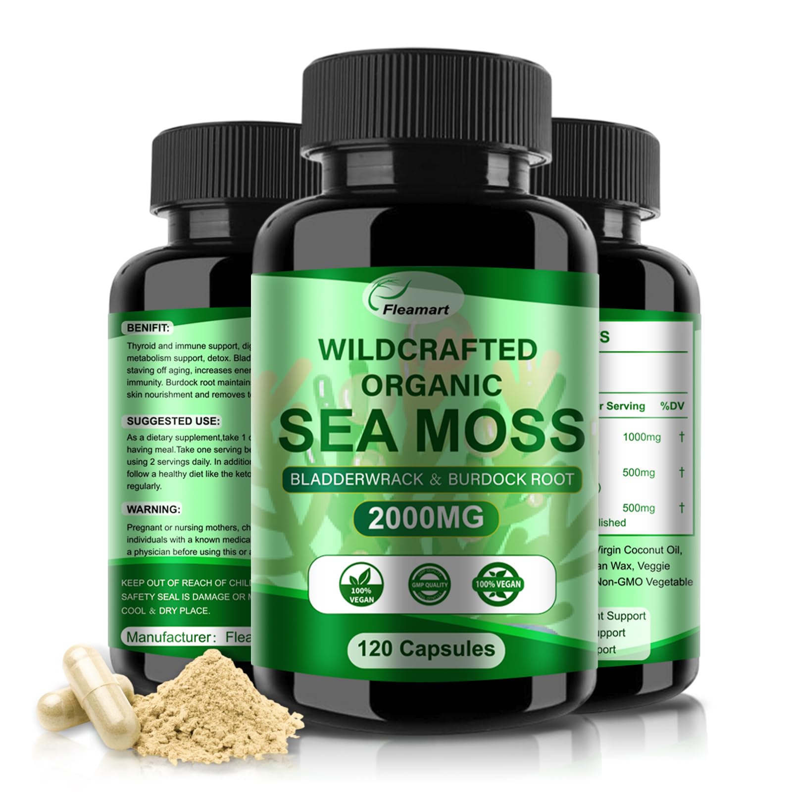 Fleamart Irish Sea Moss Capsules 120ct Raw Sea Moss Wildcrafted Bladderwrack Burdock Root Capsules Super Food Immune System Digestive Health Sea Moss Pills