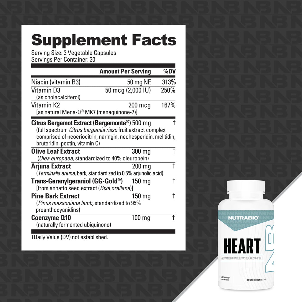 NutraBio Heart - Heart Health Supplements, Cardiovascular Supplement, Cholesterol, Circulatory & Healthy Blood Pressure Support - 90 Capsules