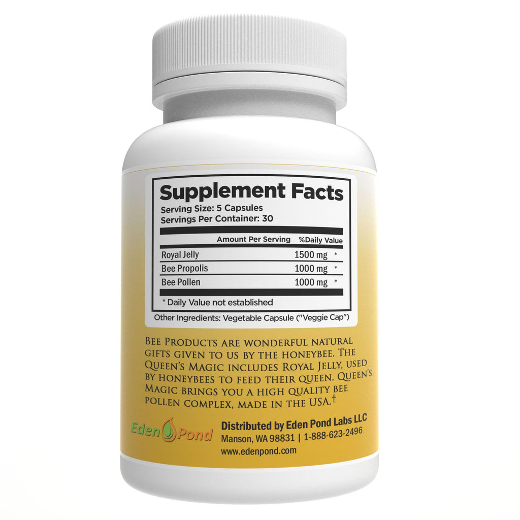 Eden Pond Queen's Magic Bee Pollen (Royal Jelly 1500mg, Propolis 1000mg, Beepollen 750mg) in 3 Daily Capsules, 120 Count