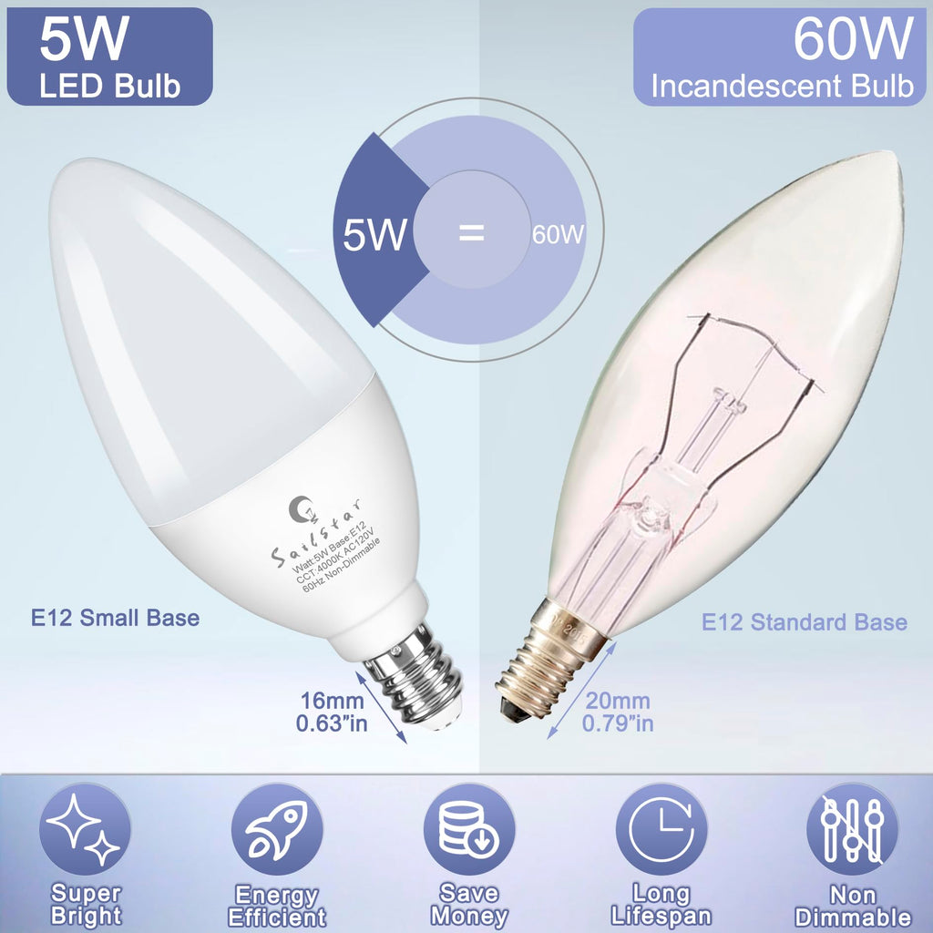 Sailstar Candelabra Light Bulbs 60 Watt Equivalent, 4000K Natural Daylight, 5W E12 Small Base Type B LED Bulbs, 500 Lumens, Chandelier Ceiling Fan Light Bulbs, CRI 85, Non-dimmable, Pack of 10