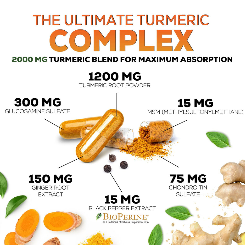 Turmeric Curcumin Supplement 2000mg - 95% Curcuminoids with Glucosamine, Ginger & MSM, BioPerine Black Pepper for Best Absorption, Nature's Vegan Joint Support, Non-GMO, Bottled in USA - 240 Capsules