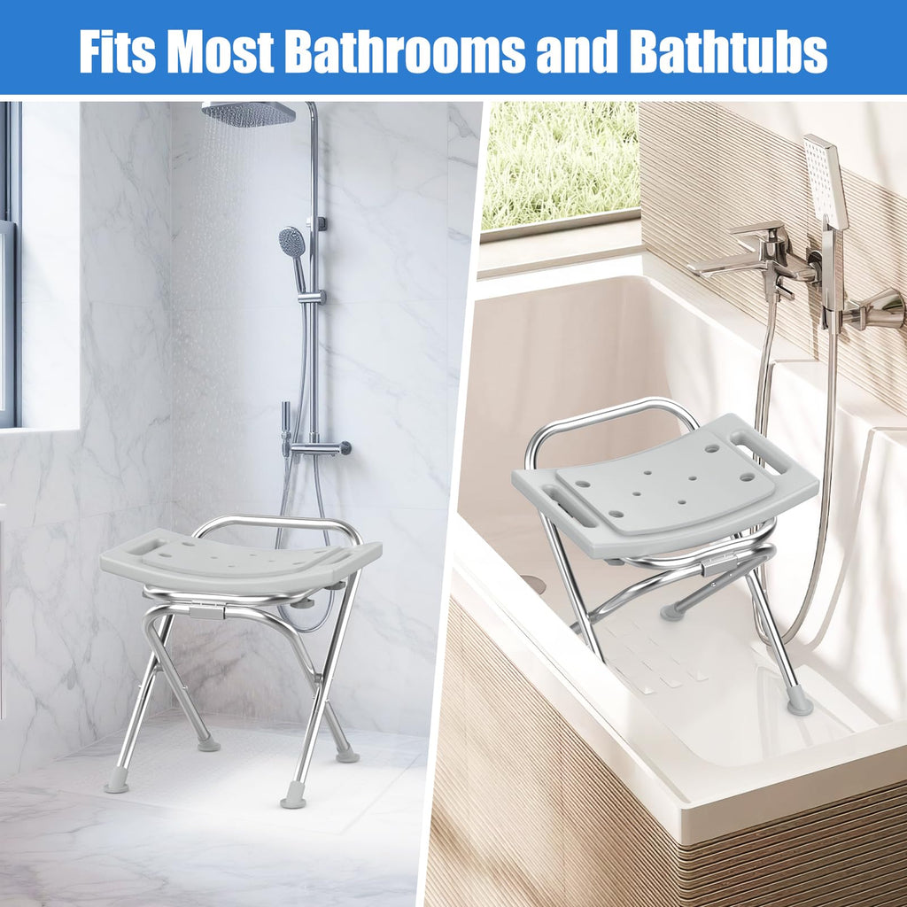 UGarden Folding Shower Chair Seat, 17.5" Stainless Steel Small Shower Chair for Inside Shower with Pad, 400lbs Portable Travel Shower Stool, Safety Anti-Slip Bath Chair for Seniors, Disabled, Gray