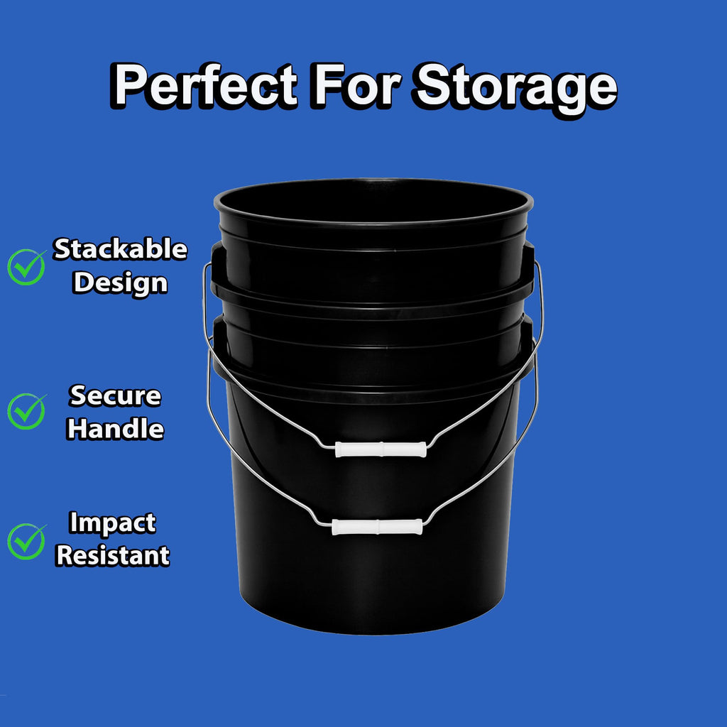 MKS Plastics 5-Gallon Bucket with Airtight Lid – Made in USA, Food Grade BPA Free Plastic, Heavy Duty Multi-Use, Metal Handle with Grip, Stackable Storage – Black, 6 Pack