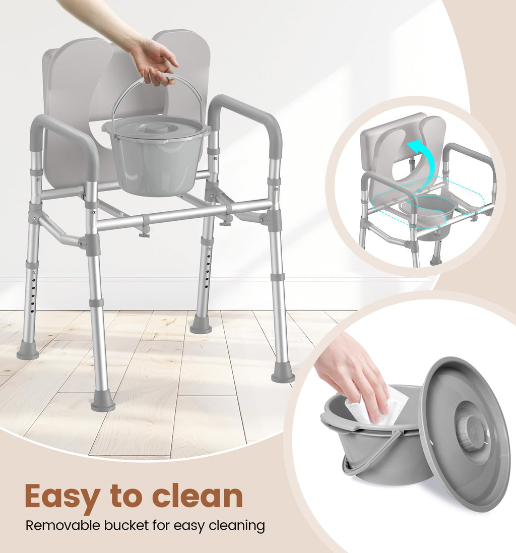 SOUNDFUSE Bedside Commode Chair with Padded Seat and Backrest, Aluminum Dual-Crossbar, Height Adjustable, Portable Toilet for Seniors and Adults, Potty Bucket and Splash Guard, 350 lbs Weight Capacity