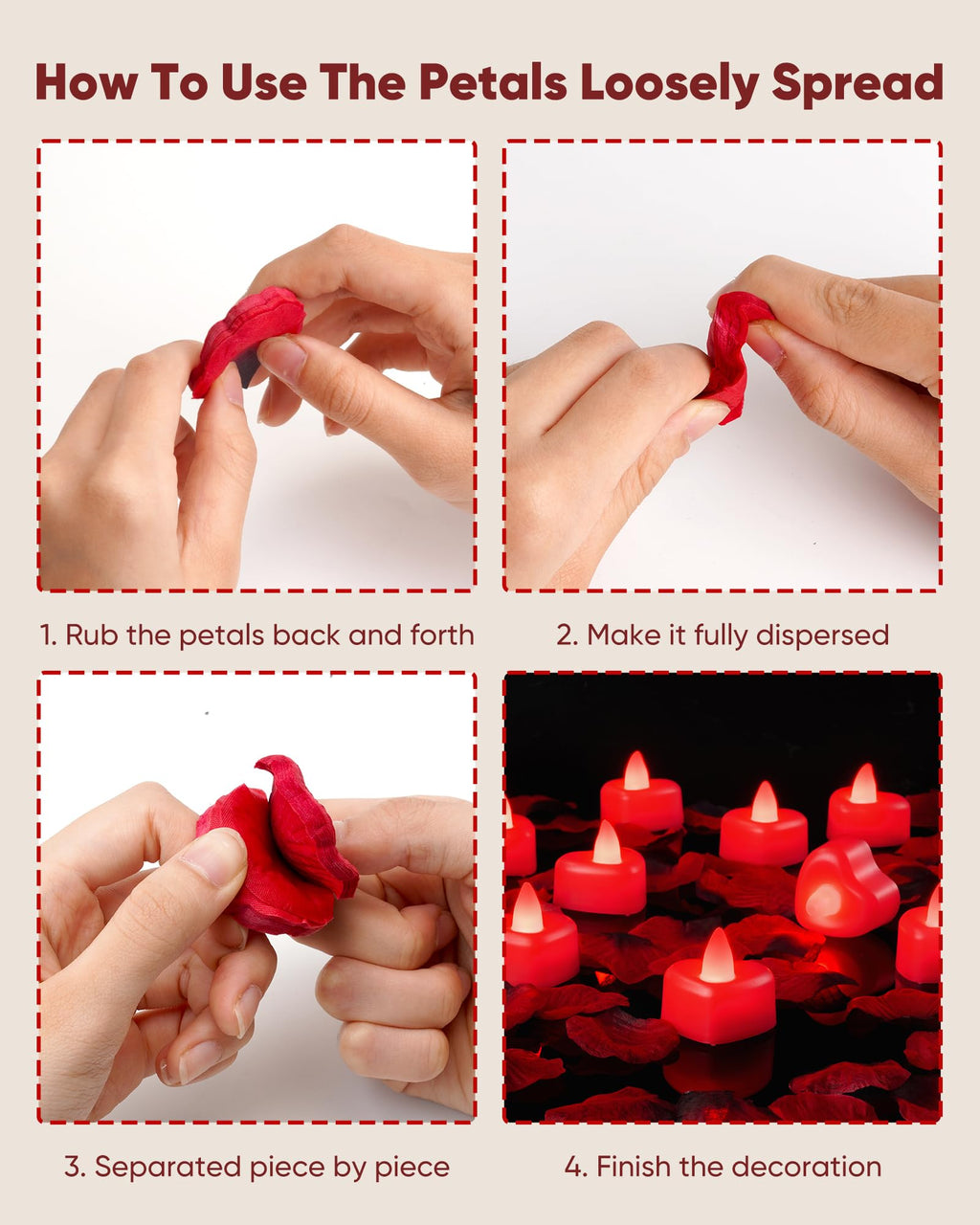 Amagic 4000 Pieces Red Artificial Rose Petals with 50 Red Heart LED Tea Lights, Rose Petals and Candles Set for Proposal, Anniversary, Romantic Night, Wedding Decor