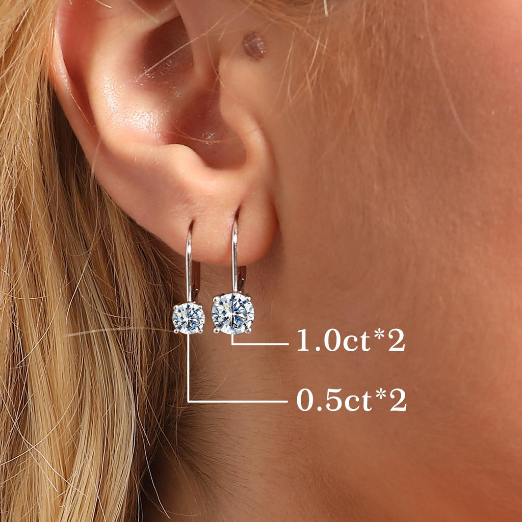 Moissanite Earrings for Women 2.0CT D Color,18K White Gold Plated Sterling Silver Dangle Earrings, Leverback Drop Earrings Jewelry for Gifts (18K White Gold, 2.0CT (1.0CT*2) - 6.5mm)