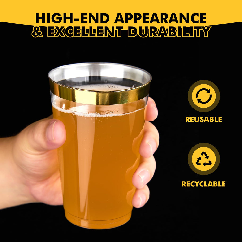 RACETOP 100 Pack 14oz Gold Rimmed Plastic Cups, Heavy Duty Disposable Glasses, Elegant Gold Rimmed Disposable Hard Cups for Party, Thanksgiving, Wine Taesting, Birthday and Christmas.