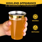 RACETOP 100 Pack 14oz Gold Rimmed Plastic Cups, Heavy Duty Disposable Glasses, Elegant Gold Rimmed Disposable Hard Cups for Party, Thanksgiving, Wine Taesting, Birthday and Christmas.
