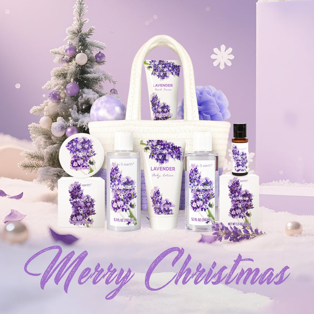 BODY & EARTH Spa Gift Baskets for Women 11pcs Lavender Gift Sets with Bubble Bath, Shower Gel, Body Lotion, Mom Birthday Gifts, Spa Kit, Purple Gift for Her, Christmas gifts