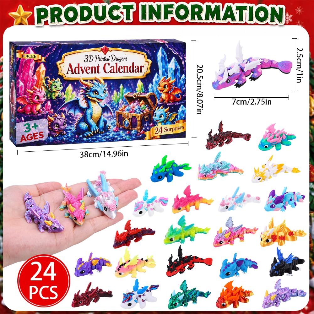 JOICEE 2026 Christmas Advent Calendar with Mini 3D Printed Dragon Animals